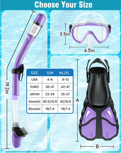 Vengreedo Snorkel Set with Fins for Adults, Snorkeling Gear for Adults Men and Women, Snorkle, Mask Set Adults Dry Top Snorkel Mask Combo Set with Travel Bag for Snorkeling, Diving, Swimming