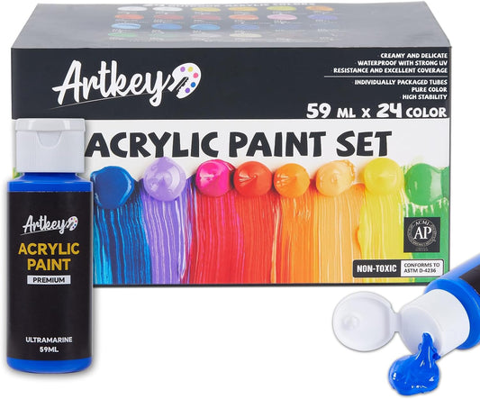 Artkey Acrylic Paint Set - 24 colors 2 oz/59 ml Acrylic Paints Professional Artists Painting Kit for Canvases Fabric Rock Leather Easter Egg Wood Ceramic Glass Art Craft Painting