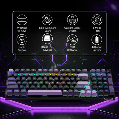 Redragon K740 PRO 98 Keys Wireless RGB Gaming Keyboard, 3-Mode PBT Mechanical Keyboard w/Solid Aluminum Base, Dedicated Knob Control & Hot-Swap Socket, Custom Linear Switch