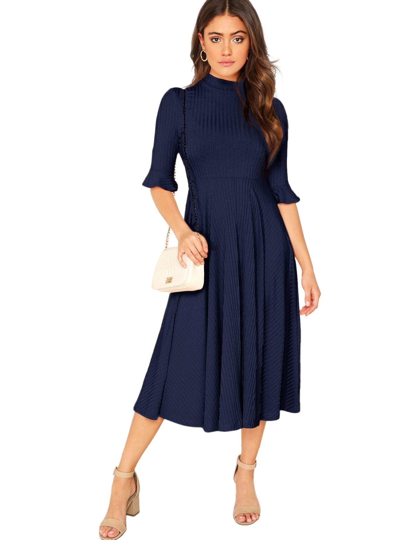 Verdusa Women's Ruffle Half Sleeve A Line Fall Dresses Elegant Fit and Flare Midi Dress Navy Small