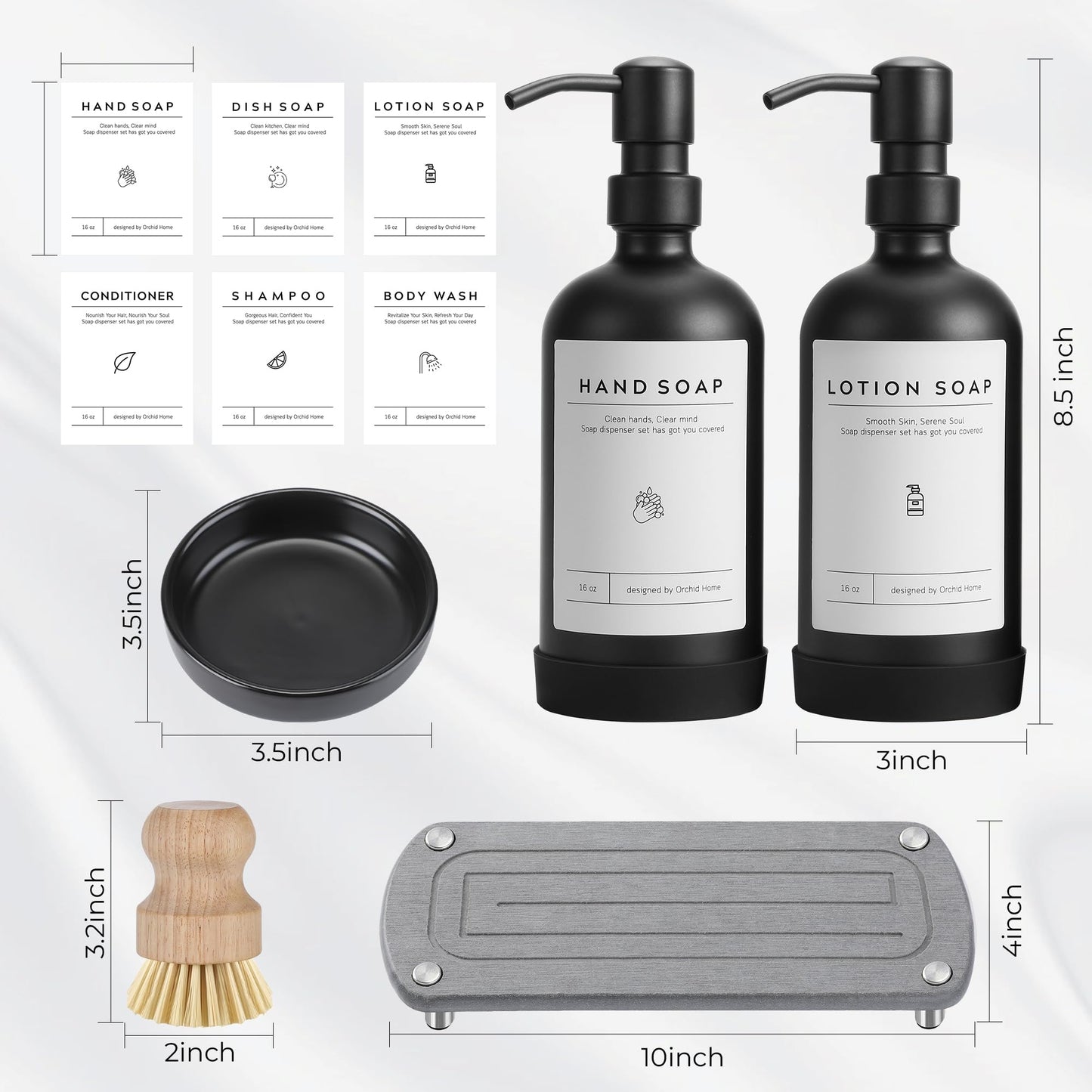 [Luxury] Kitchen Soap Dispenser Set - 16OZ Black Glass Bottle, Stainless Steel Pump, Instant Dry Tray, Waterproof Labels, Non-Slip Silicone Pad, and Dish Brush | Upgrade for Your Kitchen and Bathroom
