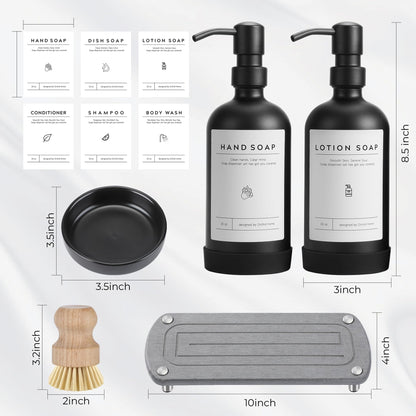 [Luxury] Kitchen Soap Dispenser Set - 16OZ Black Glass Bottle, Stainless Steel Pump, Instant Dry Tray, Waterproof Labels, Non-Slip Silicone Pad, and Dish Brush | Upgrade for Your Kitchen and Bathroom