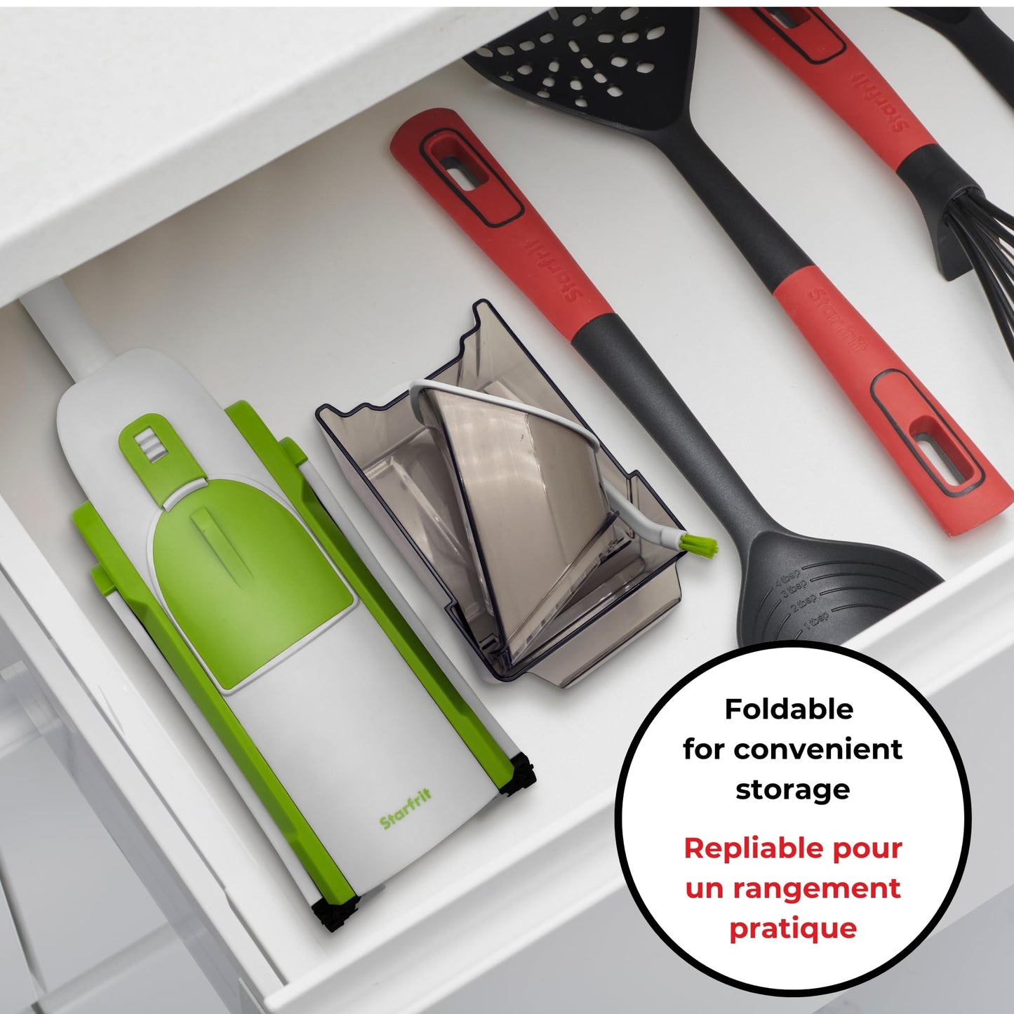 Starfrit Pump'n'Slice - Vertical Mandoline, Food Chopper, Slicer - Precision Adjustable Slicing, Julienne, Dicing - Safe Enclosed Blades, Fold for Storage - High Efficiency Spring Pump - Cleaning Tool