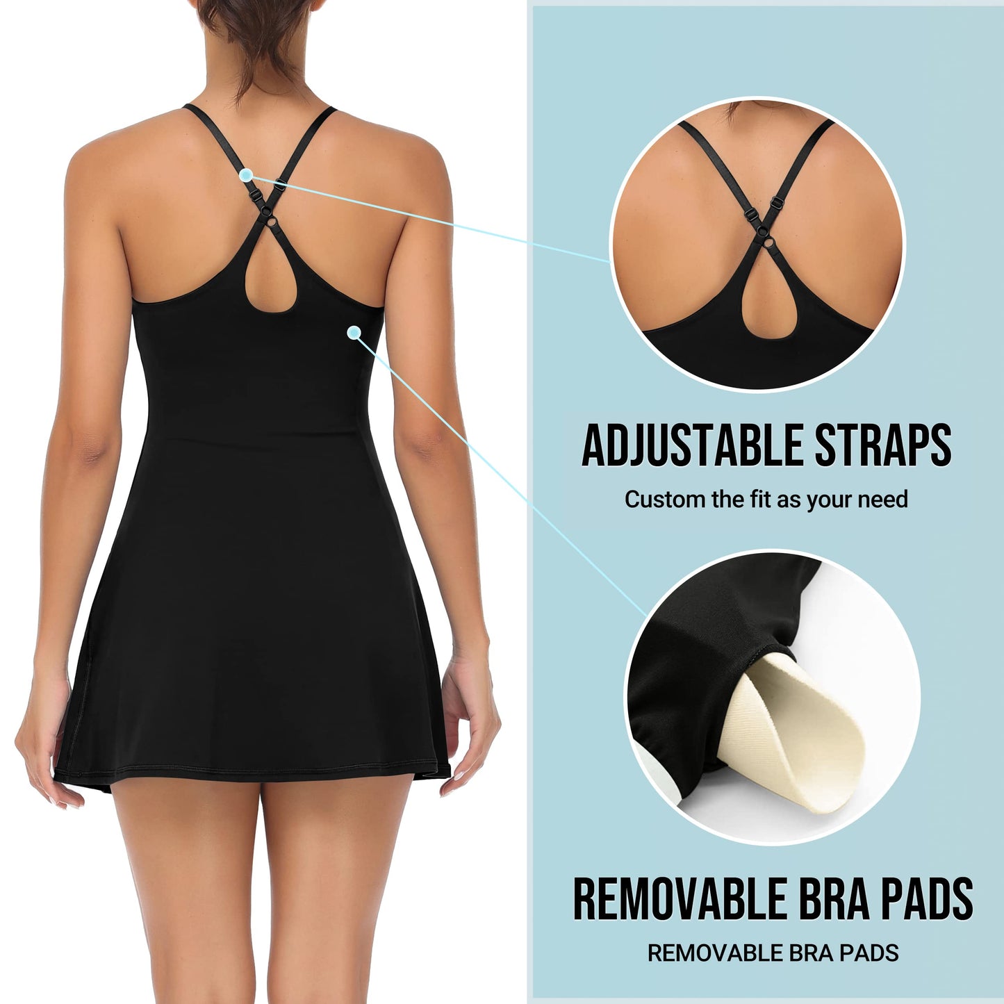 Women Workout Tennis Dress with Built-in Bra Shorts, Adjustable Cross Shoulder Straps with Pockets