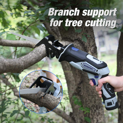 WORKPRO 12V Cordless Reciprocating Saw with Clamping Jaw, 2.0Ah Li-Ion Battery with 1 Hour Fast Charger, Variable Speed and Tool-Free Blade Change, 3 Saw Blades for Wood & Metal Cutting