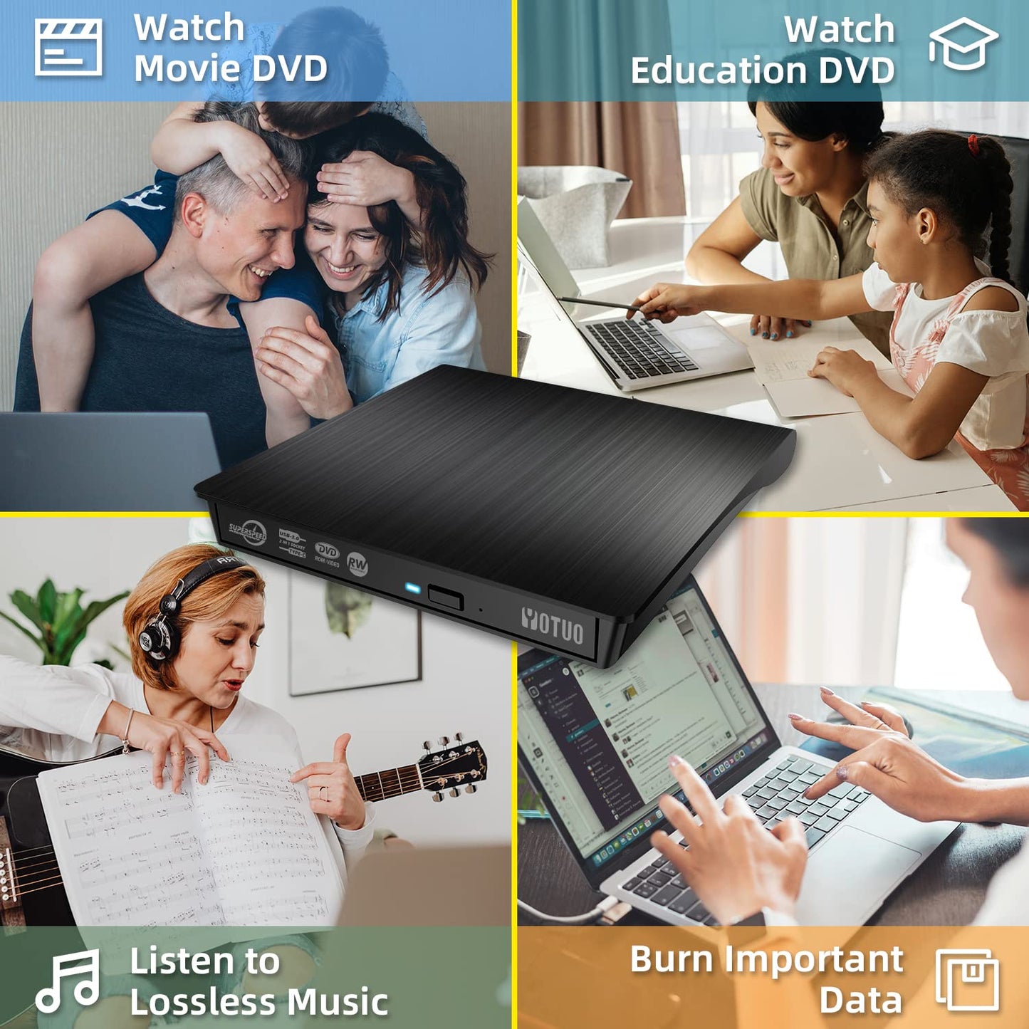 YOTUO External DVD Drive, Portable USB 3.0 CD +/-RW Drive DVD Player for ROM Rewriter Burner for Laptop Desktop, Compatible with Windows 7/8/10/11 Mac MacBook Pro/Air… (DVD Burner)