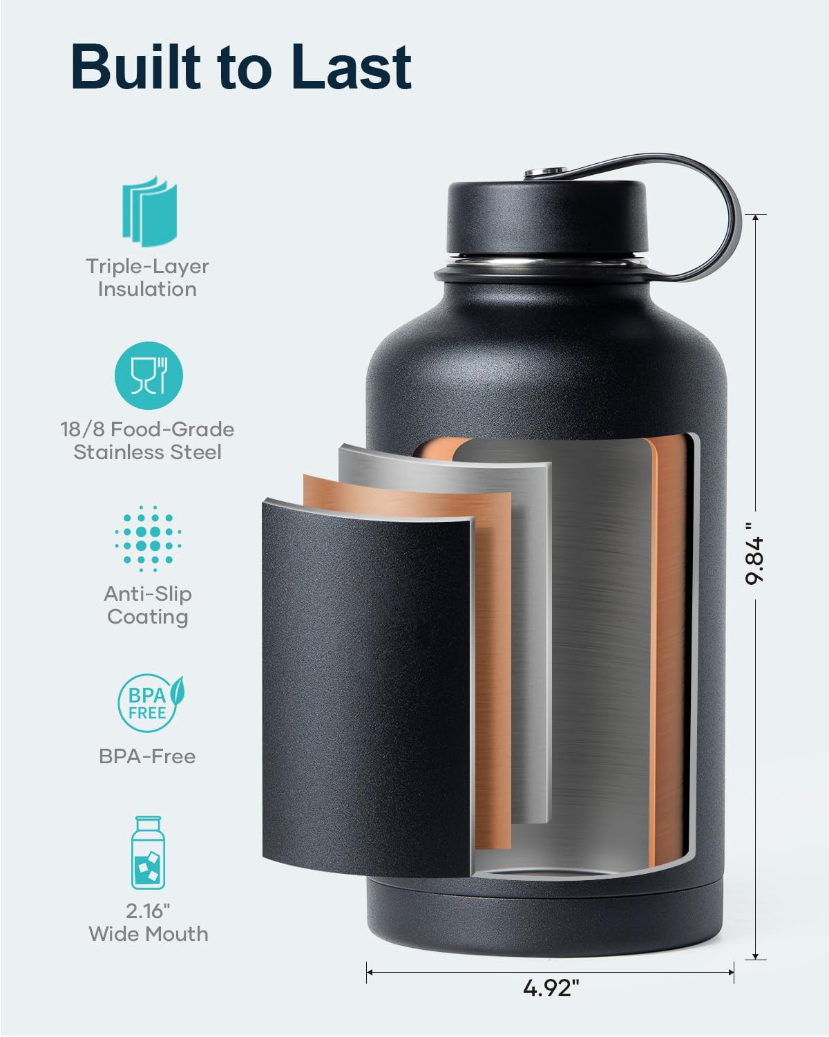 BUZIO Vacuum Insulated Stainless Steel Water Bottle 64oz (Cold for 48 Hrs/Hot for 24 Hrs) BPA Free Double Wall Travel Mug/Flask for Outdoor Sports Hiking, Cycling, Camping, Running