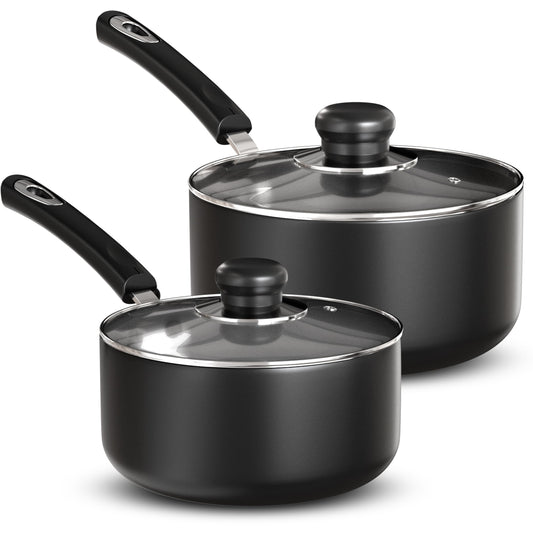 Utopia Kitchen Nonstick Saucepan Set, Cooking Pots with Lids, 1 Quart and 2 Quarts Multipurpose Kitchen Small Pots for Cooking Nonstick With Lids, 1 qt & 2 qt Set, Grey & Black