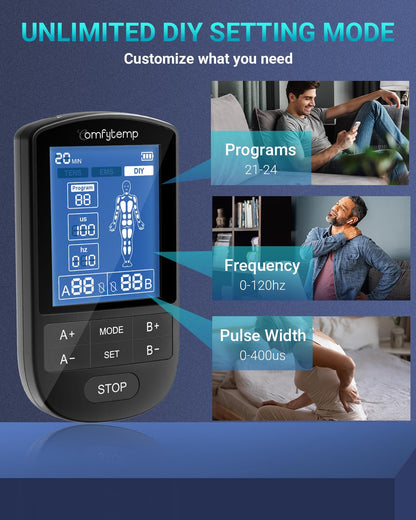 Comfytemp TENS Unit Muscle Stimulator for Pain Relief Therapy, FSA HSA Eligible TENS Machine with 24 Modes and DIY, Dual Channel EMS Unit, Pulse Muscle Massager for Back, Shoulder, Sciatica, Knee