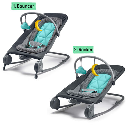 Summer Infant 2-in-1 Bouncer & Rocker Duo (Gray and Teal) Convenient and Portable Rocker and Bouncer for Babies Includes Soft Toys and Soothing Vibrations