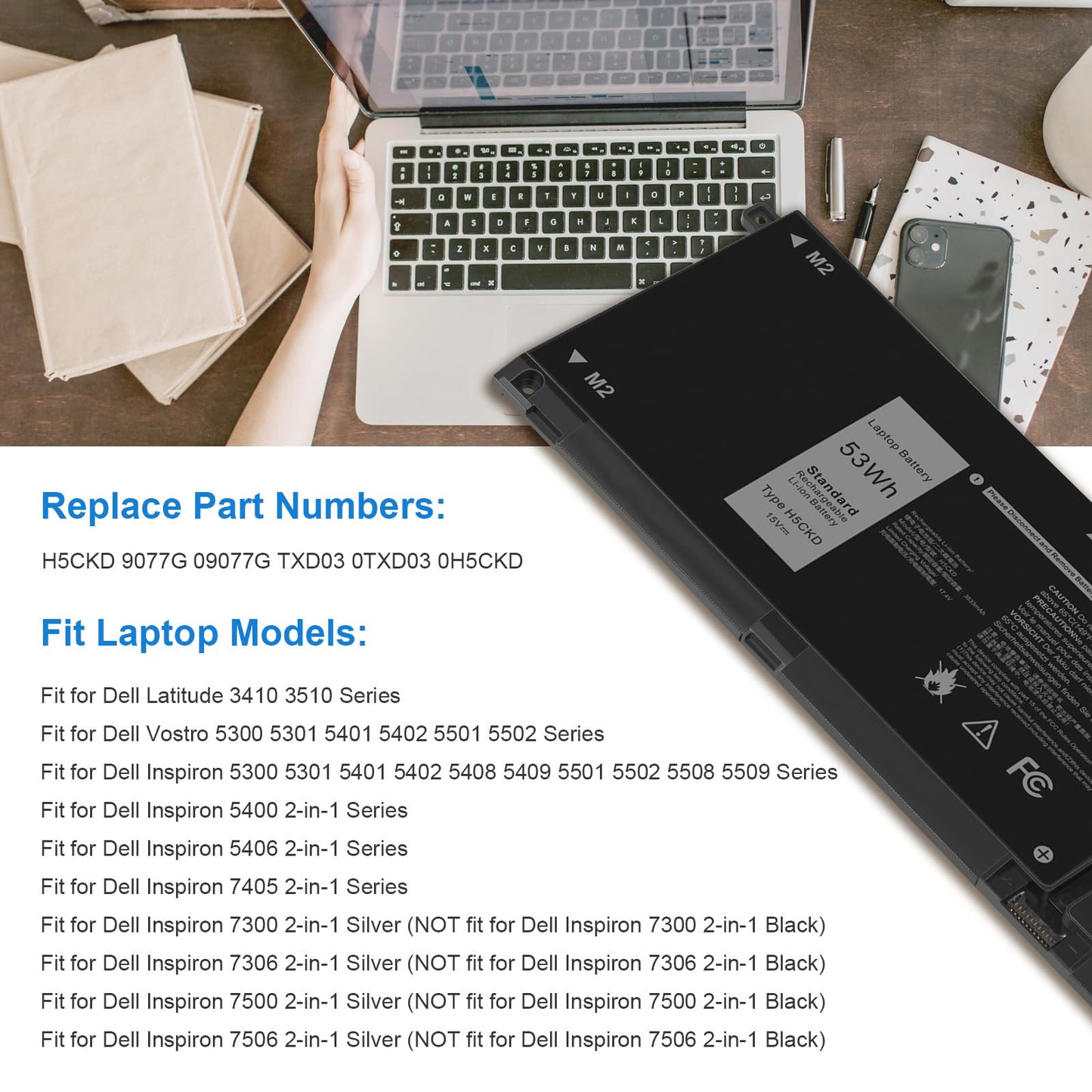 53Wh H5CKD Battery for Dell Vostro 5300 5301 5401 5501 5402 Latitude 3410 3510 Inspiron 5300 5401 5408 5409 5501 5508 5400 5406 5509 7405 7300 7500 2-in-1 Silver Edition 7T8CD TXD03 0H5CKD JK6Y6