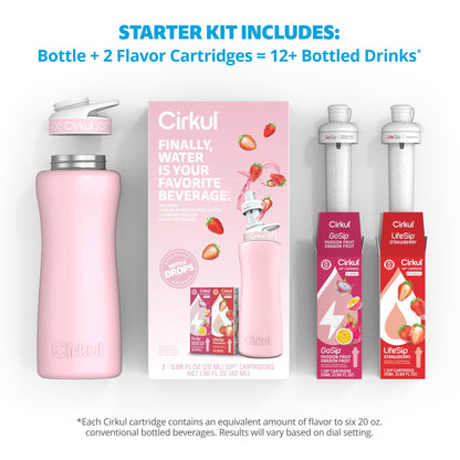 Cirkul 32oz. Blush Pink Stainless Steel Water Bottle Starter Kit with Pink Lid and 2 Flavor Cartridges (1 LifeSip Strawberry, 1 GoSip Passion Fruit Dragon Fruit) No Sugar, Zero Calorie Drink Mix