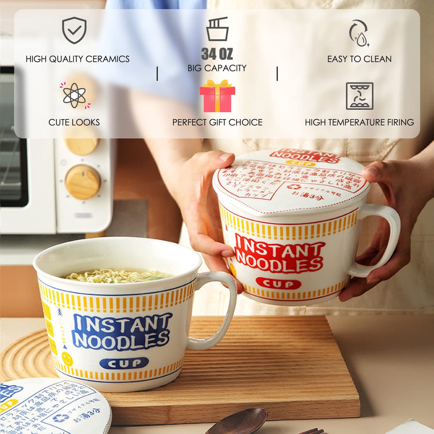 ECTbicyk 34 OZ Ceramic Ramen Bowl with Lid Instant Ramen Noodle Bowl Large Soup Bowl with Handle, Ramen bowl with Fork, Red