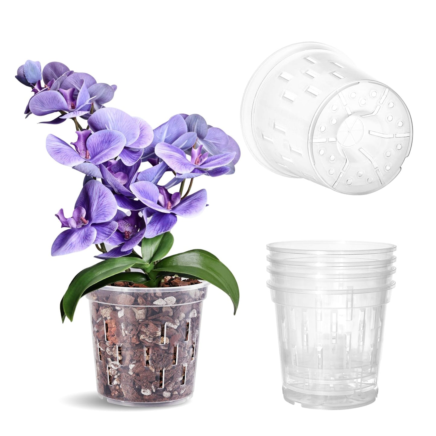TRUEDAYS Orchid Pot – 4 Pack 5 Inch Clear Orchid Pots with Drainage Holes for Repotting – Ideal for Healthy Root Growth – Sturdy Plastic Plant Pot for Indoor & Outdoor Plants