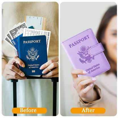 TIGARI Passport Holder for Travel Women Men, PU Leather Waterproof RFID Passport Holder Wallet Cover Case Sleeve, Family Vacation Plane Cruise Travel Document Organizer Essentials-Purple