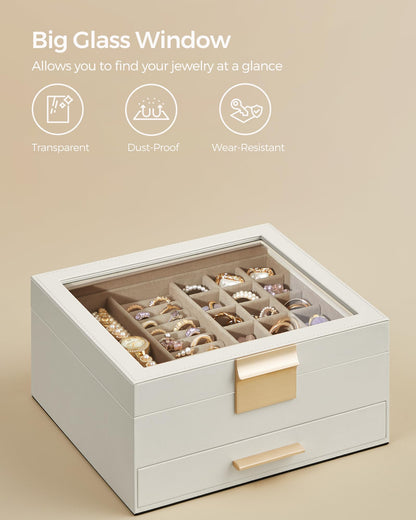 SONGMICS Jewelry Box Organizer with Glass Lid, 2-Layer Jewelry Storage, with 1 Drawer, Modern Style, 8 x 9.1 x 4.1 Inches, Cloud White and Gold Color UJBC174W01
