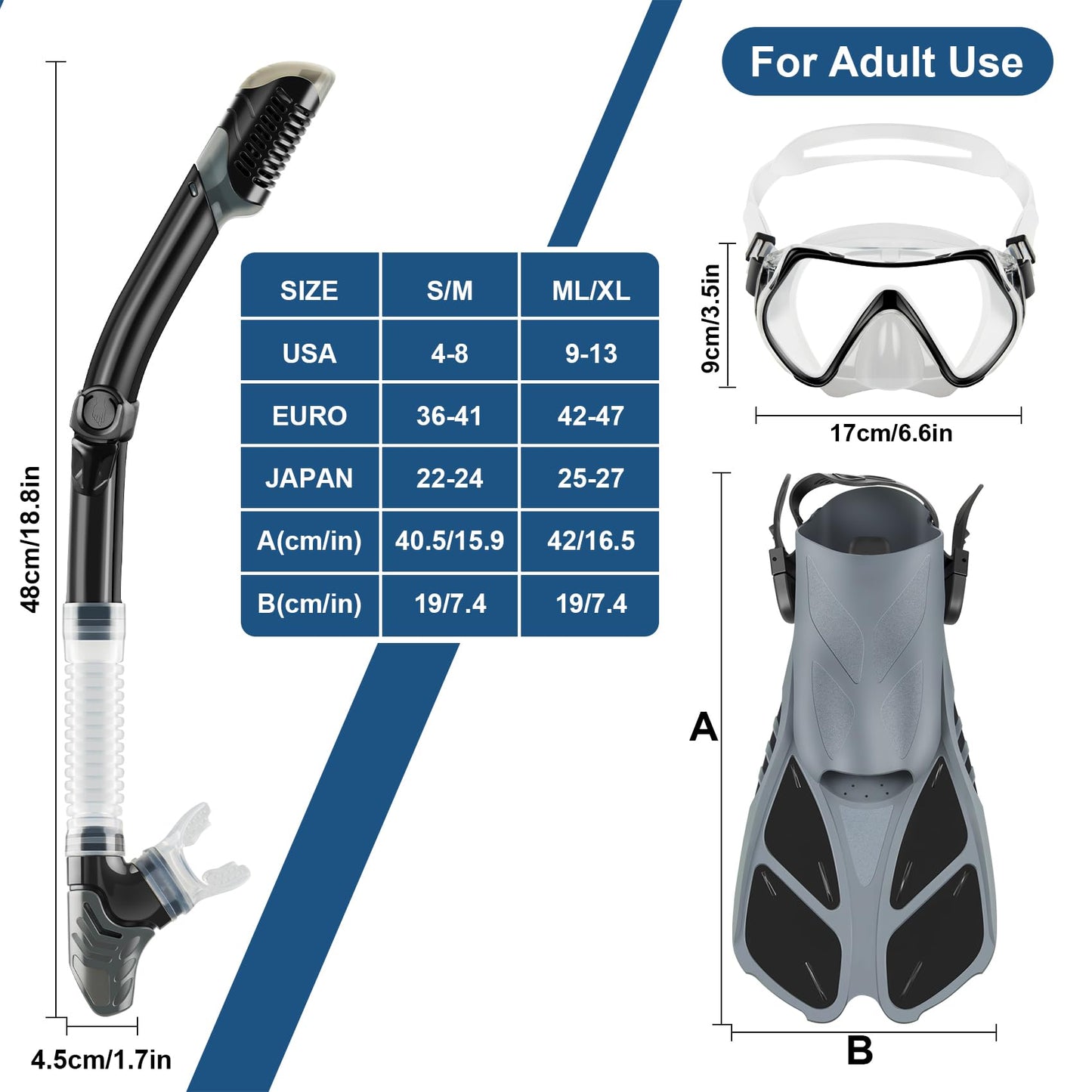 ZEEPORTE Mask Fin Snorkel Set with Adult Snorkeling Gear, Panoramic View Diving Mask, Trek Fin, Dry Top Snorkel +Travel Bags, Snorkel for Lap Swimming