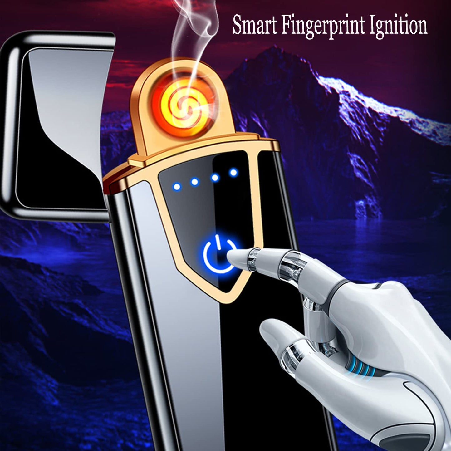 Electronic Lighter, Electric USB Lighter Windproof Rechargeable Slim Coil Lighter with Smart Fingerprint Sensor Double Side Ignition,Creative Power Indicator Flameless Boyfriends Gifts(Gold)