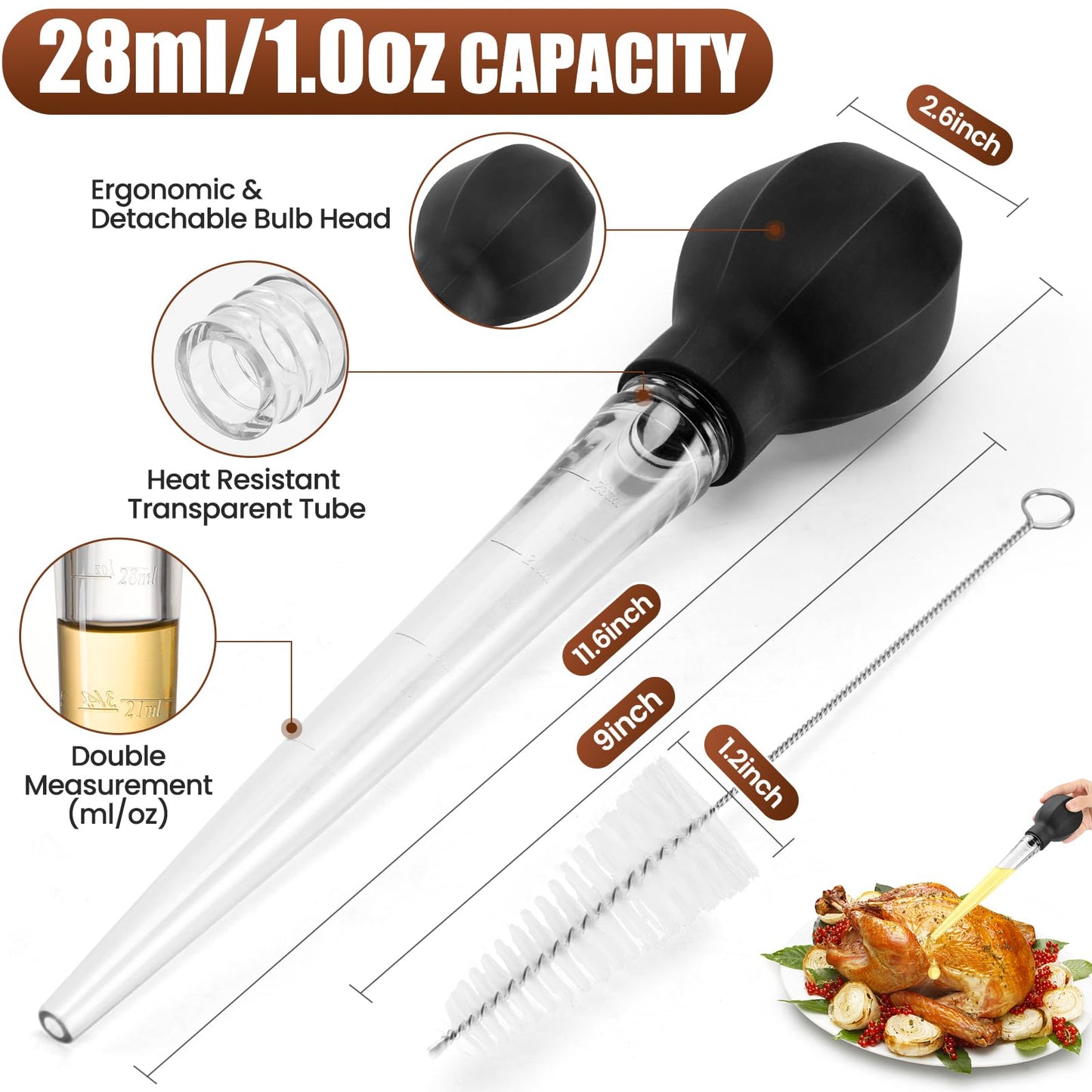 SCHVUBENR Large Turkey Baster with Cleaning Brush - Premium Baster Tool for Cooking - Easy to Use and Clean - Powerful Bulb Baster Syringe - Dishwasher Safe - Flavor Meat Poultry, Beef, Chicken(Black)