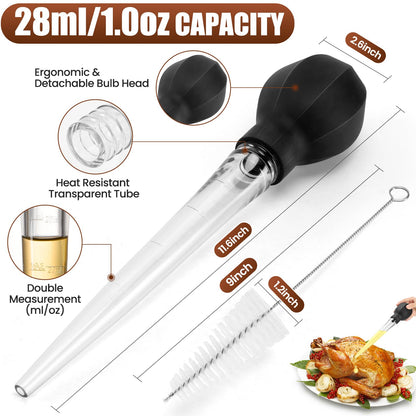 SCHVUBENR Large Turkey Baster with Cleaning Brush - Premium Baster Tool for Cooking - Easy to Use and Clean - Powerful Bulb Baster Syringe - Dishwasher Safe - Flavor Meat Poultry, Beef, Chicken(Black)