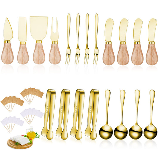 Charcuterie Board Accessories Spreader Knife Set Cheese Butter Spreader Knife Charcuterie Utensils with Wooden Handles Mini Serving Tongs Spoons Forks for party Wedding Christmas (Gold, 20 Pieces)