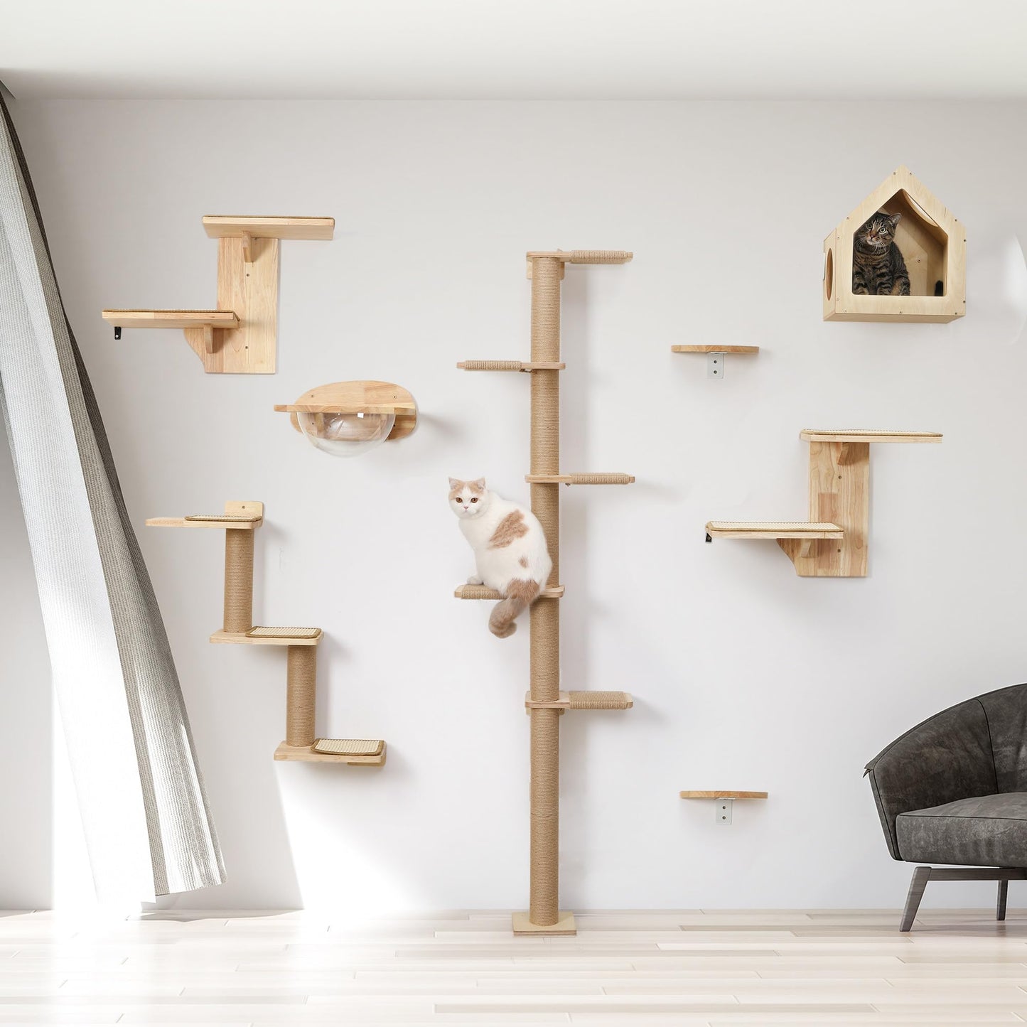 FUKUMARU Tall Cat Tree, 5 Tier Floor to Ceiling Cats Tower, Wall-Mounted Kitten Scratching Post, Wild Simulation Kittens Wall Shelves, Suitable for Climb, Scratch, Lookout and Play