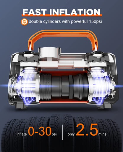 UUP Tire Inflator Air Compressor, 150PSI 12V DC Double Cylinders Heavy Duty Portable Air Pump w/Emergency LED Light for Truck, SUV, Car, RV