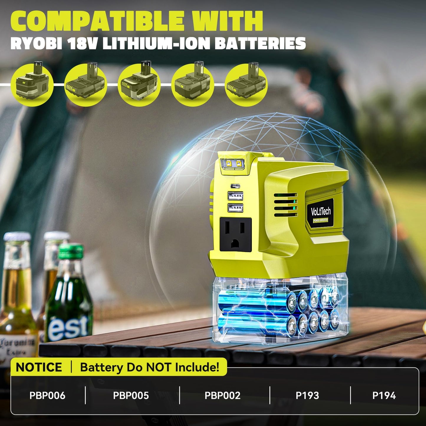 VoLtTech 200W Power Inverter Compatible with Ryobi 18V Battery, 18V to 110V-120V, Portable Phone Charger with USB Charger Adapter, 2 USB Ports & 1 Type-C & 1 AC Outlet (No Battery)