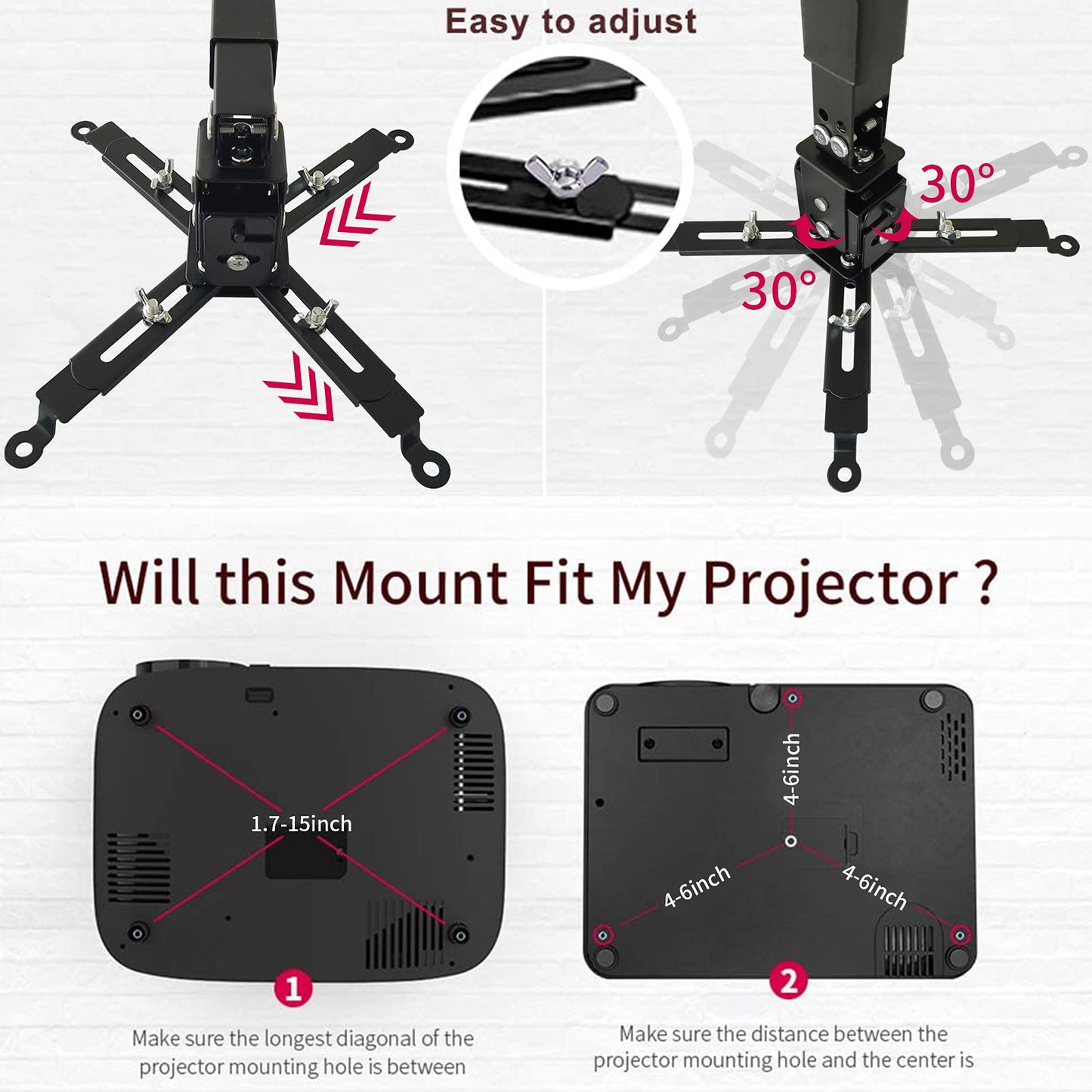 Tonalee Projector Mount Wall or Ceiling Projection Mount Bracket with Adjustable Height and Extendable Arms Mounts for Home and Office Projector