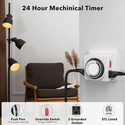 BN-LINK Heavy Duty Mechanical 24 Hour Timer Dual Outlet 3-Prong Accurate Indoor for Lamps Fans Christmas Lights White AC 1875W 1/2 HP, ETL Listed
