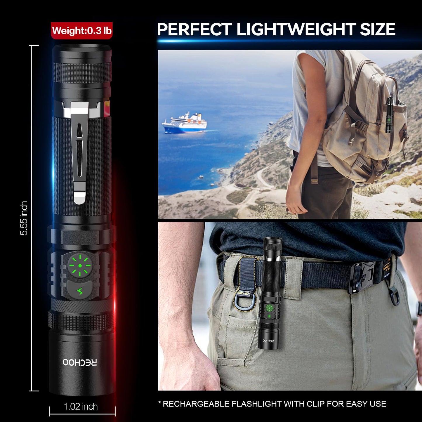 RECHOO Rechargeable Flashlights High Lumens, Double Switch S3000L LED Flashlight, Super Bright 5 Modes Zoomable Waterproof EDC Flashlights for Home, Emergncies, Camping(Battery Included)