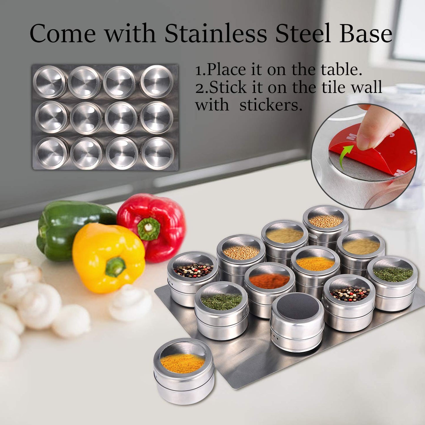 Upgrade Magnetic Spice Jars 12pcs with Wall Mounted,Stainless Steel Spice Tins with Lid and Small Holes for Sprinkle Rust Free Easy to Clean Includes 94 Labeling Stickers by Beeyoka