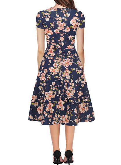 Prime Wardrobe Womens Clothing Vintage Beautiful Casual Short Sleeve Ladies Floral Fit Flare Party Cocktail Aline Swing Dress 162 (M, Navy)