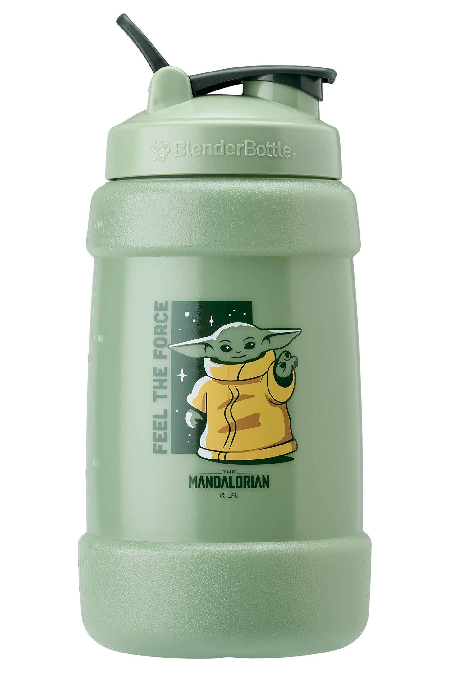 BlenderBottle Star Wars Mandalorian Half Gallon Water Bottle, Koda Large Water Jug, 74oz, Yoda, Feel The Force, 2.2 Liters