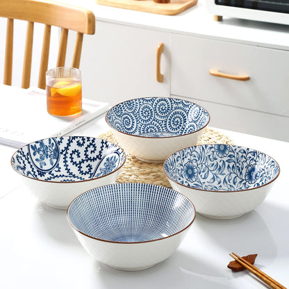 YALONG Ceramic 40 Oz Ramen Bowls Set of 4, 8 Inch Soup Bowls for Pho,Noodle,Salad, Pasta and Serving, Blue and White Japanese, Microwave and Dishwasher Safe