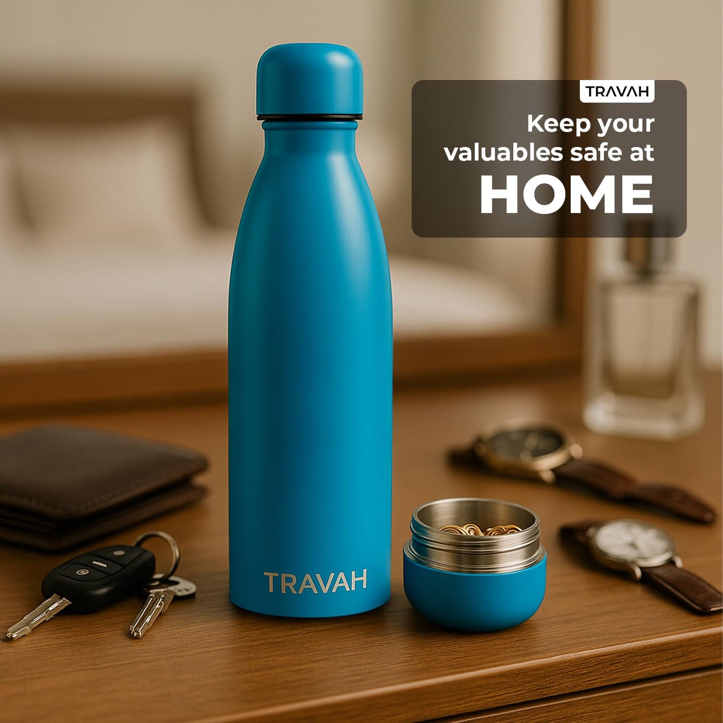 Travah Stainless Steel Diversion Water Bottle with Hidden Storage for Valuables - Insulated, Leakproof and BPA Free - 17oz (Light Blue)