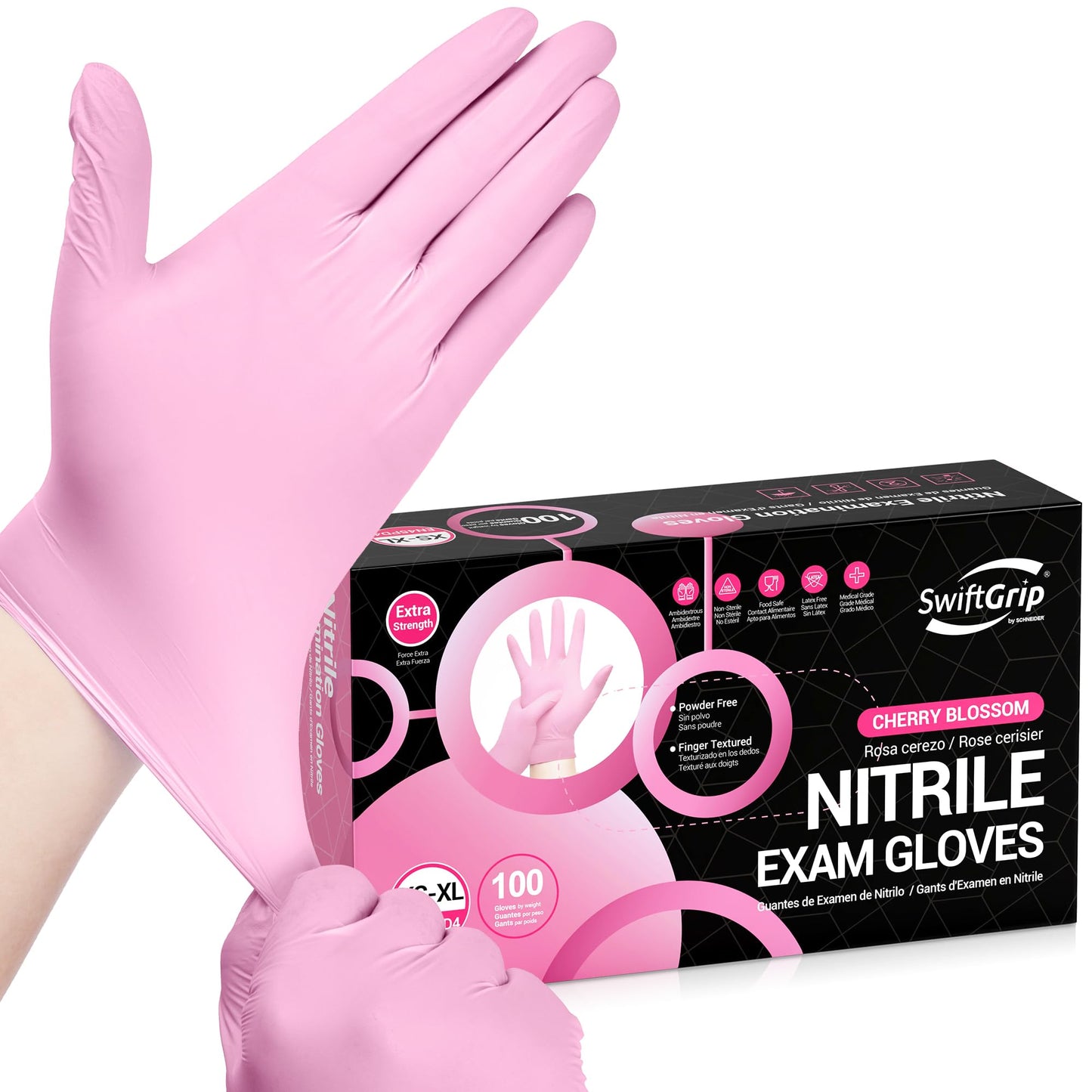 SwiftGrip Nitrile Exam Gloves, 4 Mil, Medium, Cherry Blossom, Food Safe Gloves Disposable Latex Free, Powder Free for Cleaning Supplies, Esthetician, Hair Dye, Tattoo Supplies (Box of 100)