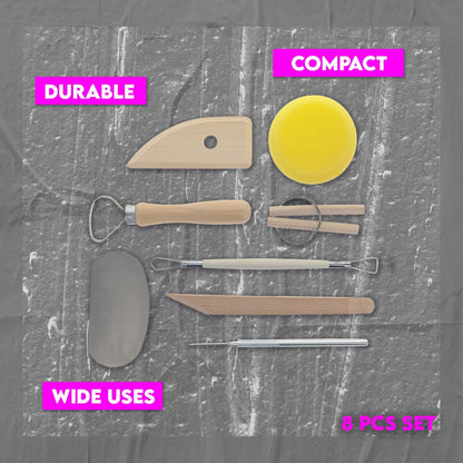 SE Pottery and Clay Carving Tool Set with Wooden Handles- Pottery Kit for Beginners- Clay Sculpting Set of 8 Pcs - 4PT8