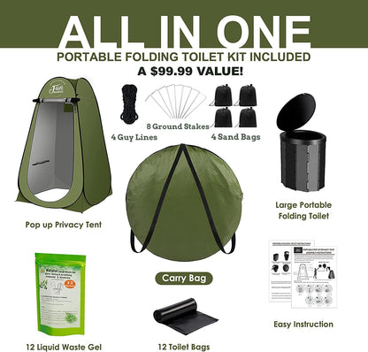 FUN ESSENTIALS Portable Toilet Kit Adults, Pop Up Privacy Tent, X Large Camping Folding Toilet, 12 bags, 12 pack Liquid Waste Gel, Washable Foldable For Travel,RV, Outdoor