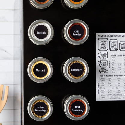 Talented Kitchen Magnetic Spice Jars for Refrigerator – 3oz Metal Magnetic Spice Tins w/Sift & Pour Lids (24 Jars, 269 Preprinted Labels, 2 Blank Label Designs)