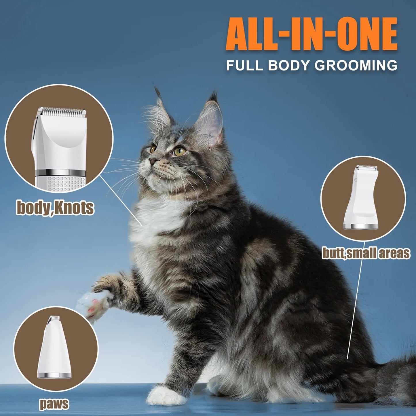 Bautrium Cat Grooming Clippers Kit with Paw Trimmer, 3 in 1 Electric Pet Hair Trimmer Supplies for Thick Matted Hair, Heavy Coat Butt Shaver Cat Razor Fur Trimmer for Dogs at Home