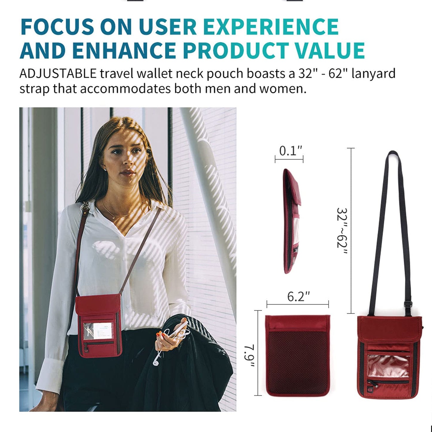 RFID Blocking Passport Holder Wallet with Neck Stash Pouch for Traveling Security Credit ID Card