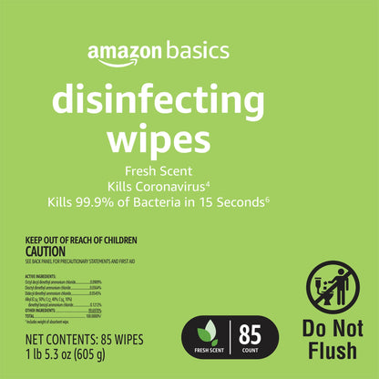Amazon Basics Wipes, Lemon & Fresh Scent, Sanitizes, Cleans & Deodorizes, 255 Count (3 Packs of 85)