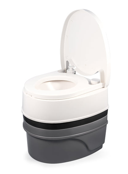 Camco Premium Portable Travel Toilet With Three Directional Flush and Swivel Dumping Elbow | Designed for Camping, RV, Boating And Other Recreational Activities - (5.3 gallon) (41545),White