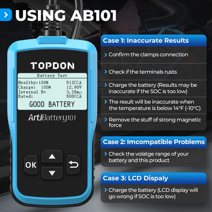 TOPDON AB101 Car Battery Tester 12V Car Battery Load Tester on Cranking Charging Systems, 100-2000 CCA Automotive Alternator Analyzer for Cars/SUVs/Light Trucks with Flooded AGM Gel Types