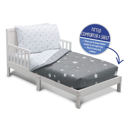 Delta 4-Piece Reversible Toddler Bedding Set - Fitted Sheet, Top Sheet, Pillowcase, 2-in-1 Comforter - For Boys, Dusty Skies & Grey Stars