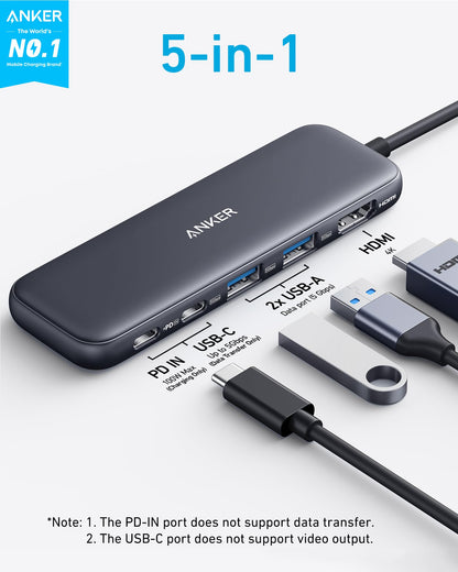 Anker USB C Hub, 5-in-1 USBC to HDMI Splitter with 4K Display, 1 x Powered USB-C 5Gbps & 2×Powered USB-A 3.0 5Gbps Data Ports for MacBook Pro, MacBook Air, Dell and More