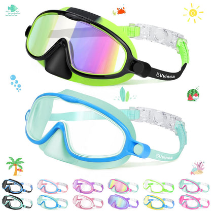 Vvinca 2 Pcs Kids-Swim-Goggles with Nose Cover, Swimming Diving Mask Wide View Anti Fog UV Anti Shattered Lens for Kids 3-5