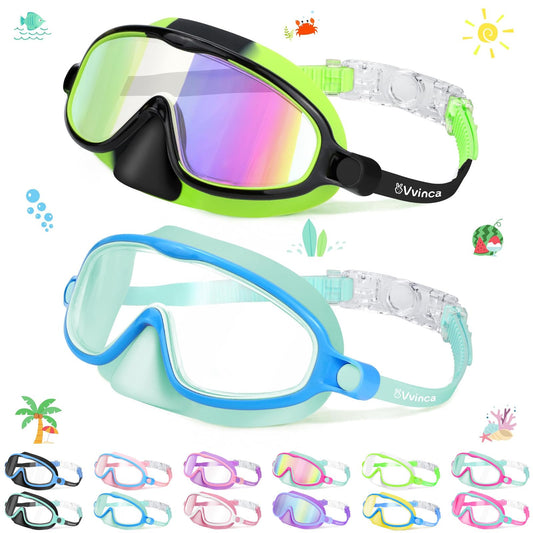 Vvinca 2 Pcs Kids-Swim-Goggles with Nose Cover, Swimming Diving Mask Wide View Anti Fog UV Anti Shattered Lens for Kids 3-5