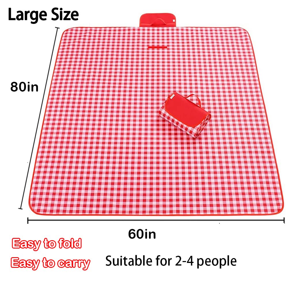 RUIBOLU Large Picnic Blankets,80x60in Beach Blanket Sandproof Beach Mat for 3-5 Adults Waterproof Quick Drying Outdoor Picnic Mat for Travel Camping Hiking(Red Plaids)